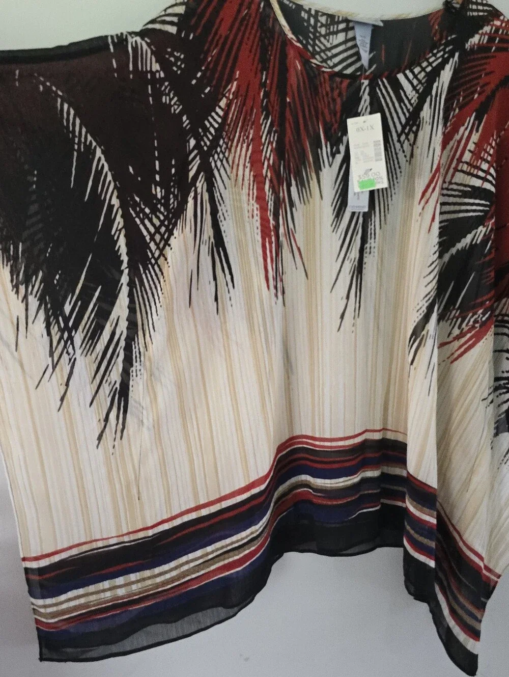 Catherines Cream Tunic with Black Palm-Print and Red Accents